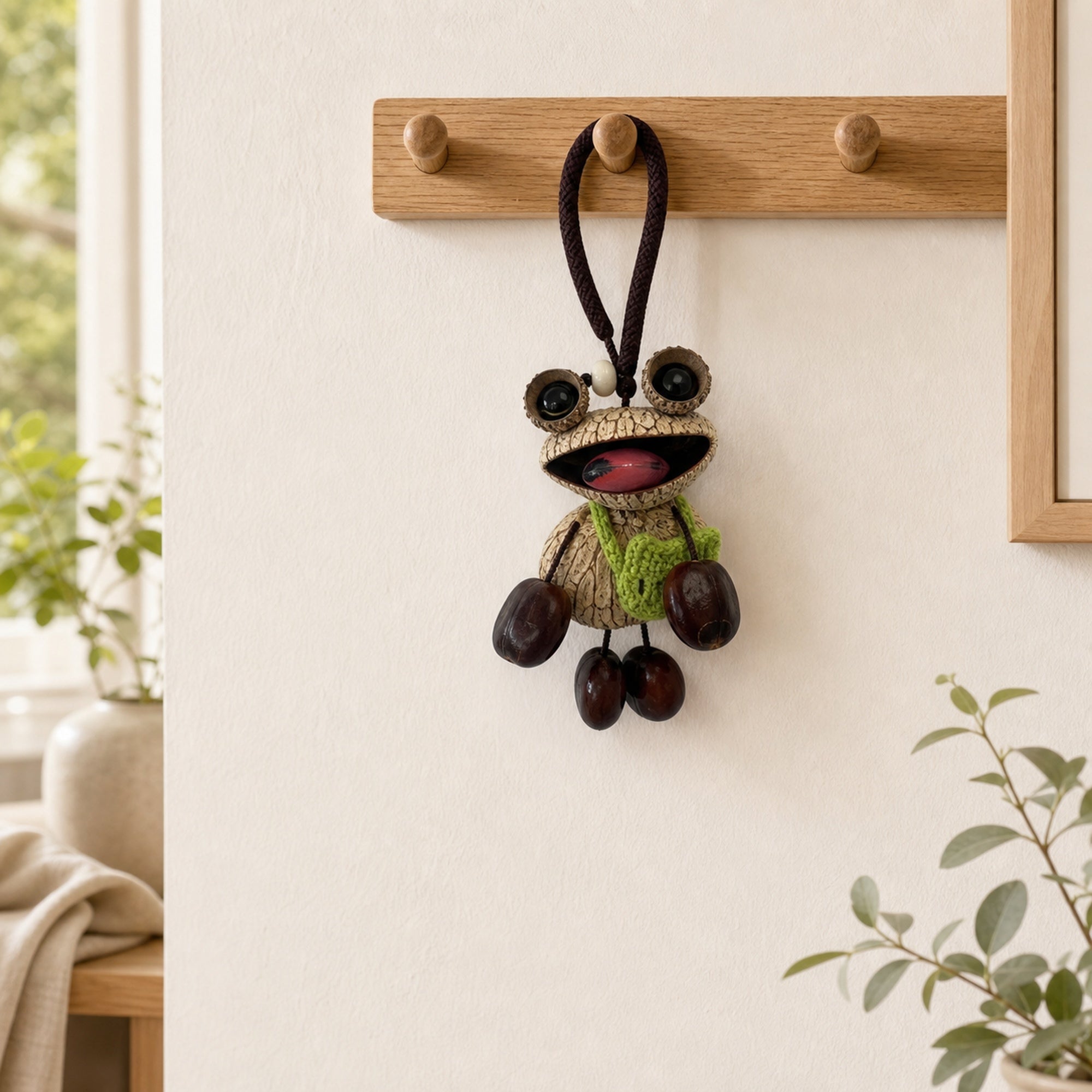 YUNOVA Big-Eye Frog hanging charm displayed on a home wall hook