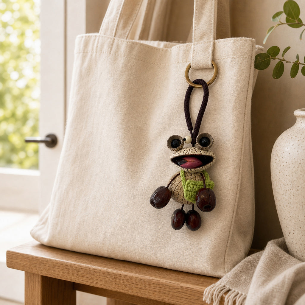 YUNOVA Big-Eye Frog natural hanging charm attached to a canvas tote bag