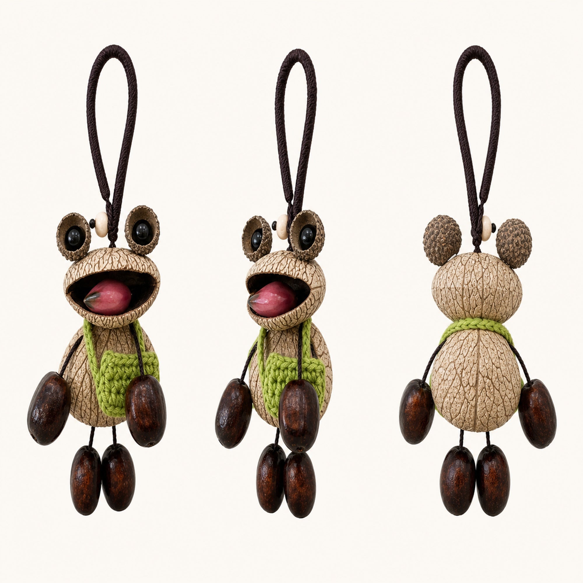 Three-angle product view of YUNOVA Big-Eye Frog natural hanging charm
