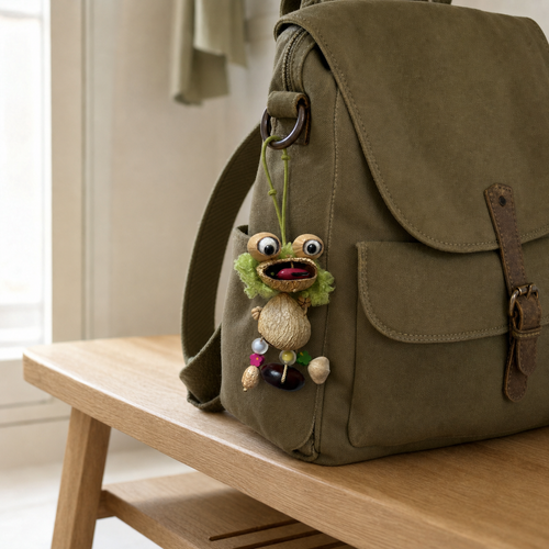YUNOVA Curly Frog botanical hanging charm styled on a daypack