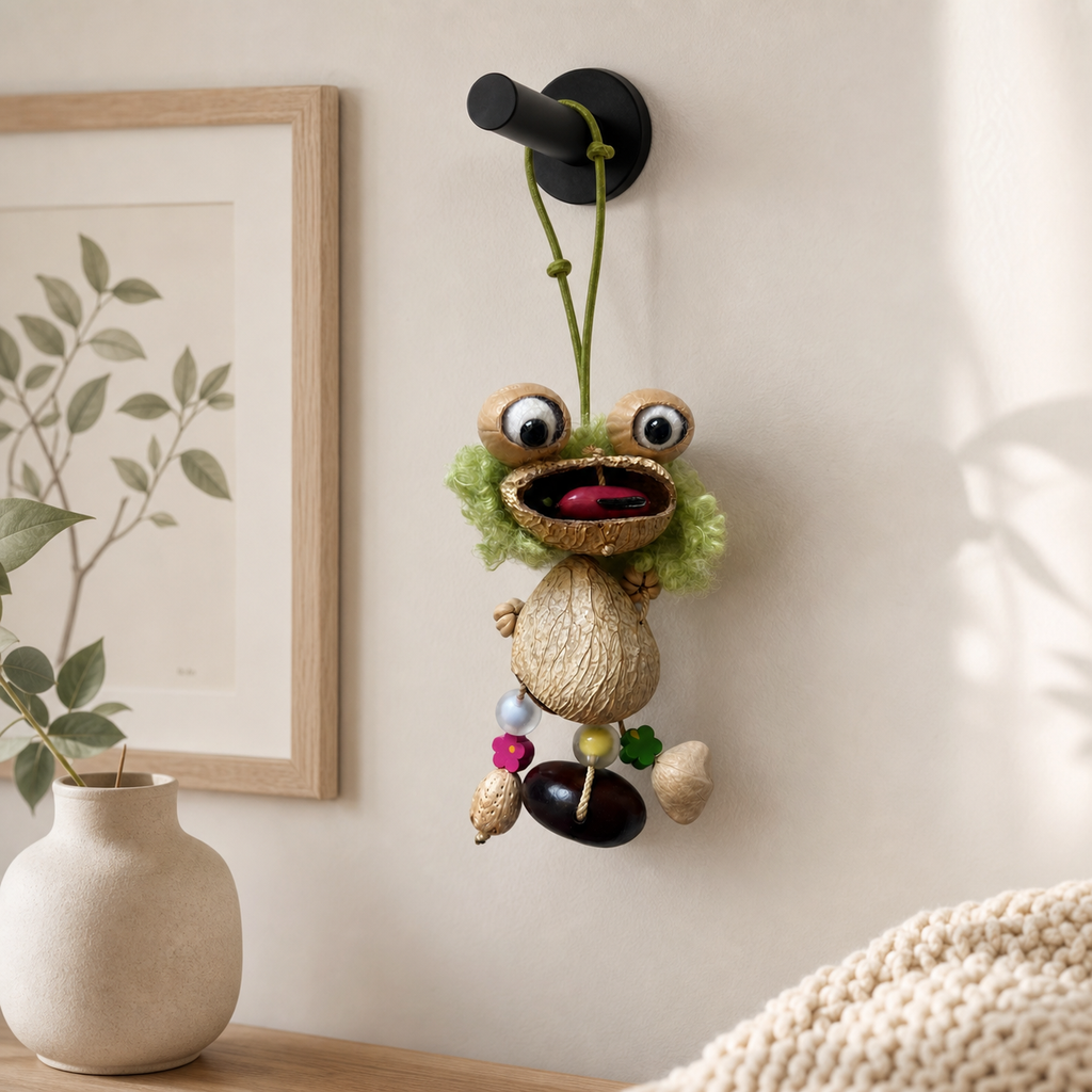 YUNOVA Curly Frog hanging charm displayed on a reading nook wall hook