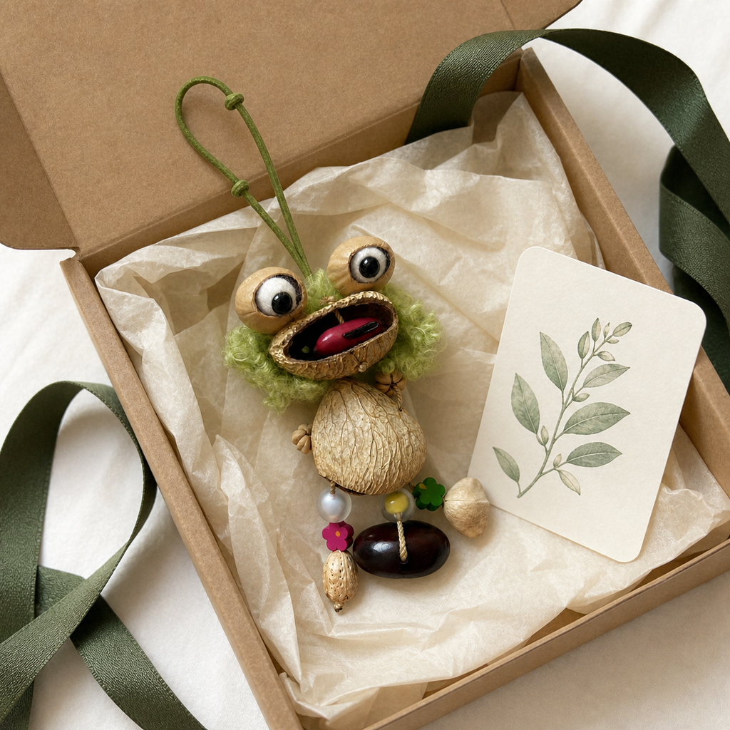 YUNOVA Curly Frog handmade botanical charm presented in a gift box