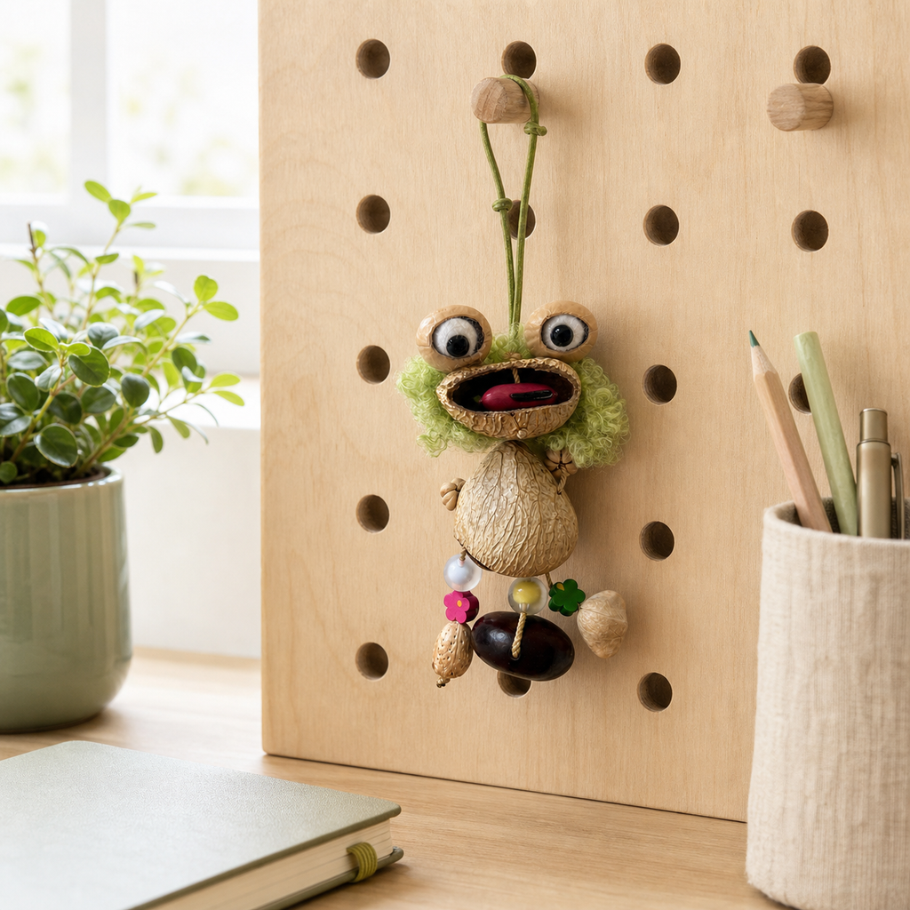 YUNOVA Curly Frog botanical hanging charm styled on a creative desk pegboard