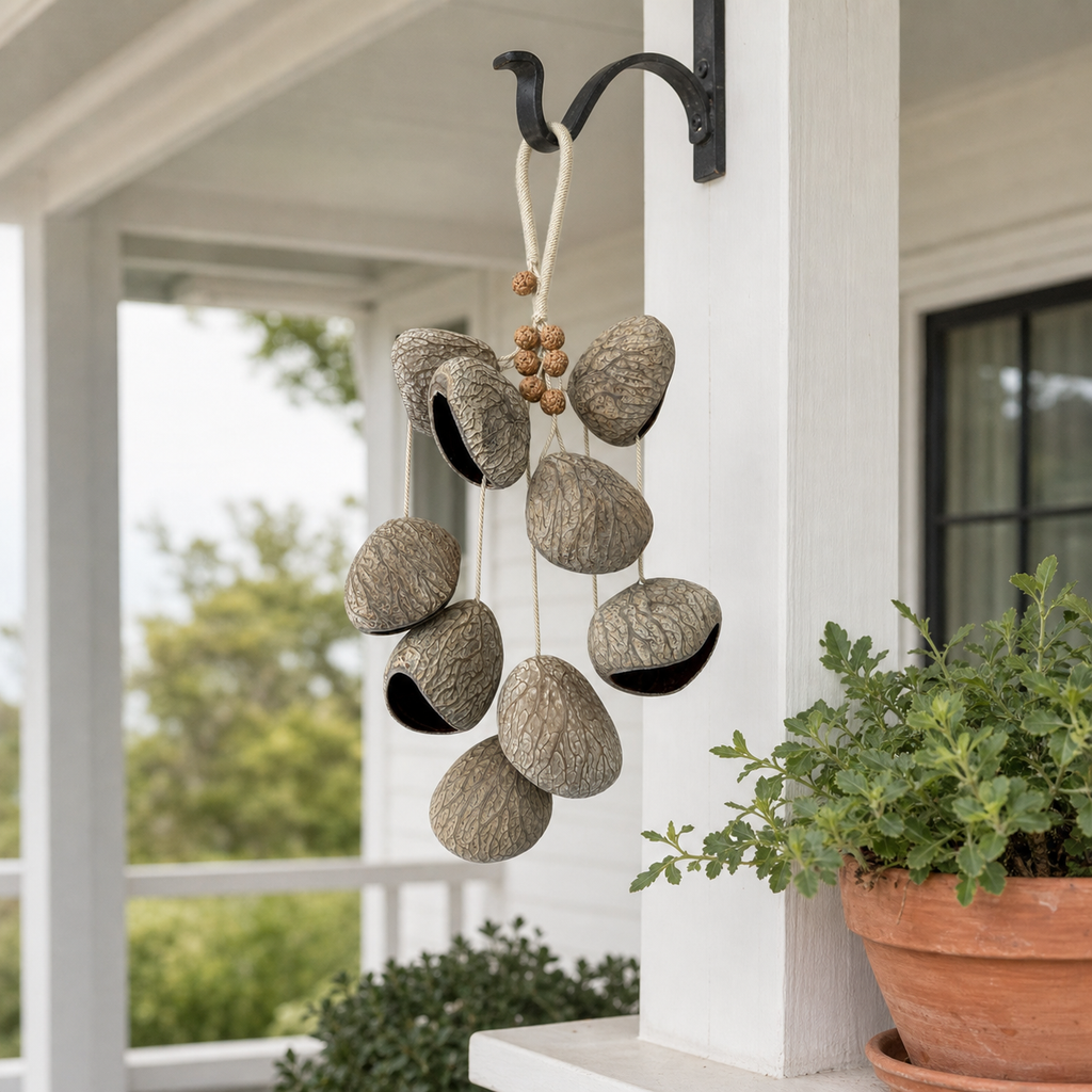 YUNOVA Dark Fruit Shell botanical wind chime styled on a covered porch hook