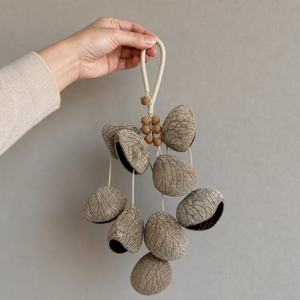 Handheld scale photo of YUNOVA Dark Fruit Shell handmade wind chime