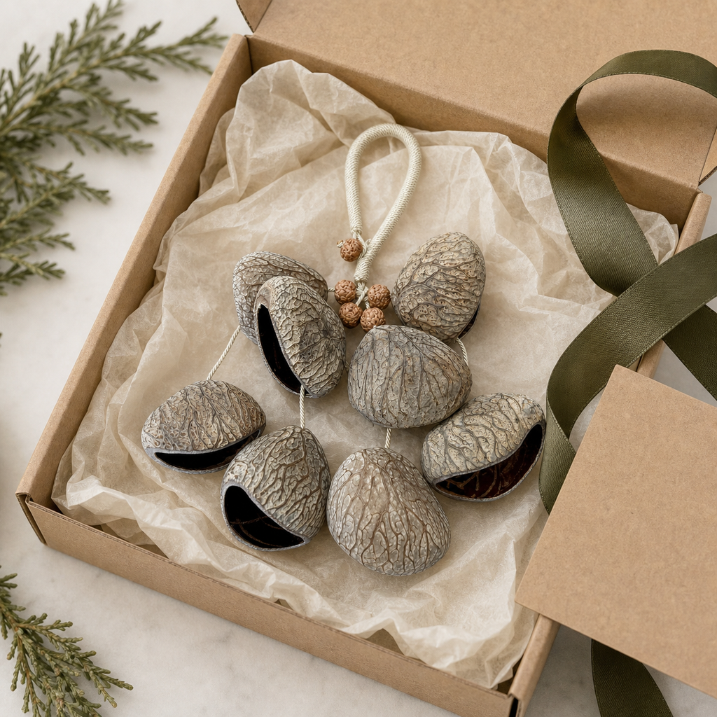 YUNOVA Dark Fruit Shell botanical wind chime presented in a gift box