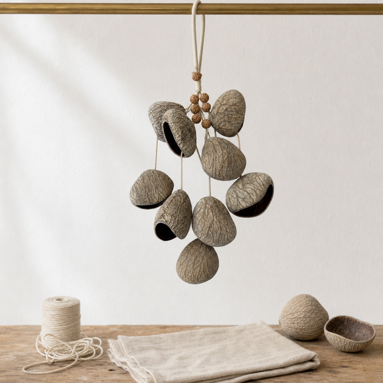 YUNOVA Dark Fruit Shell wind chime styled with artisan studio materials