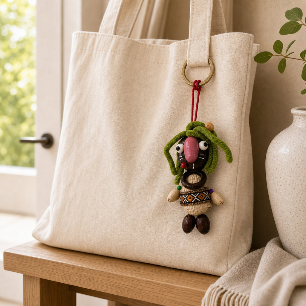 YUNOVA Dark Pod Doll natural hanging charm attached to a canvas tote bag