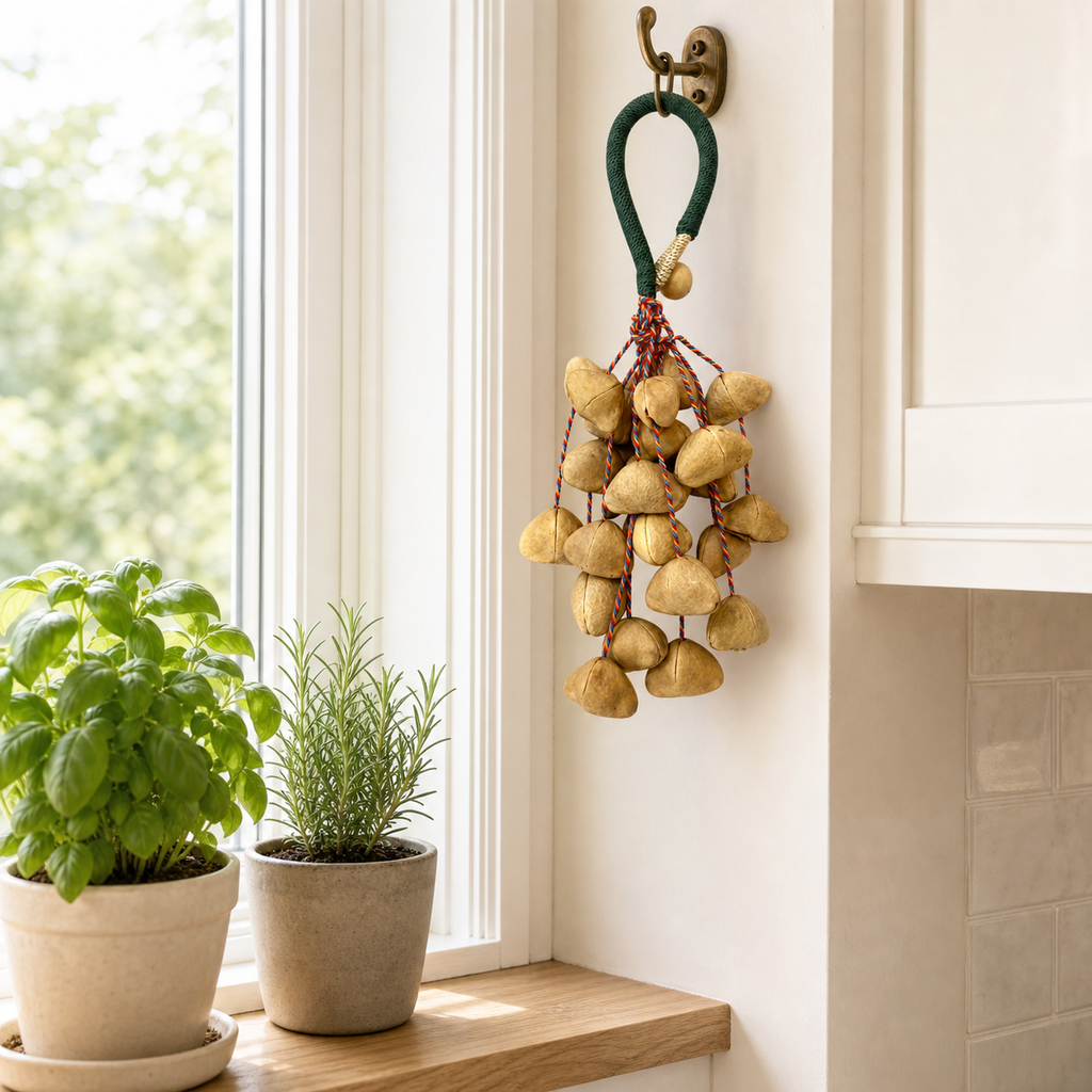 YUNOVA Golden Botanical Shell wind chime hanging near a kitchen herb window