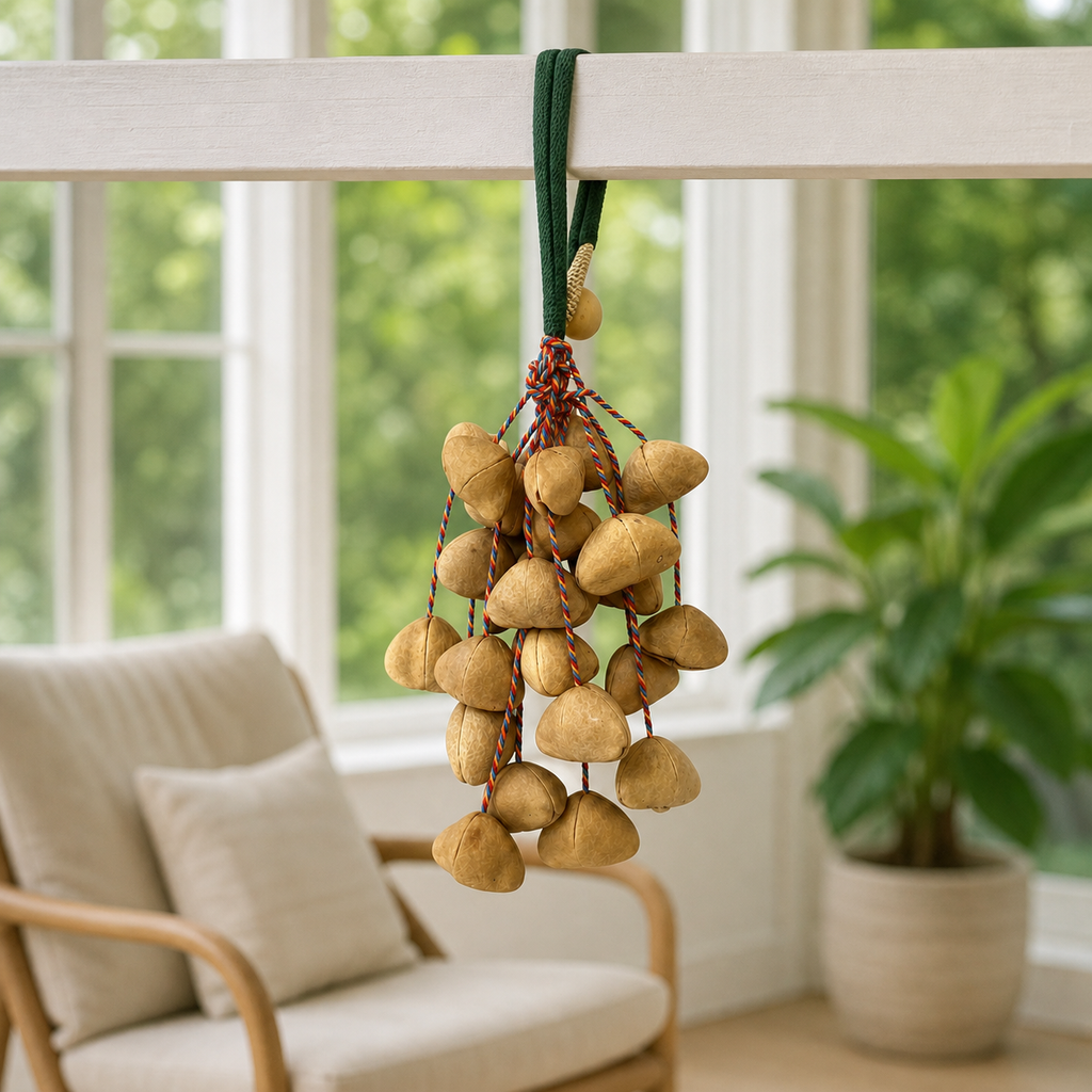 YUNOVA Golden Botanical Shell wind chime styled on a sunroom beam