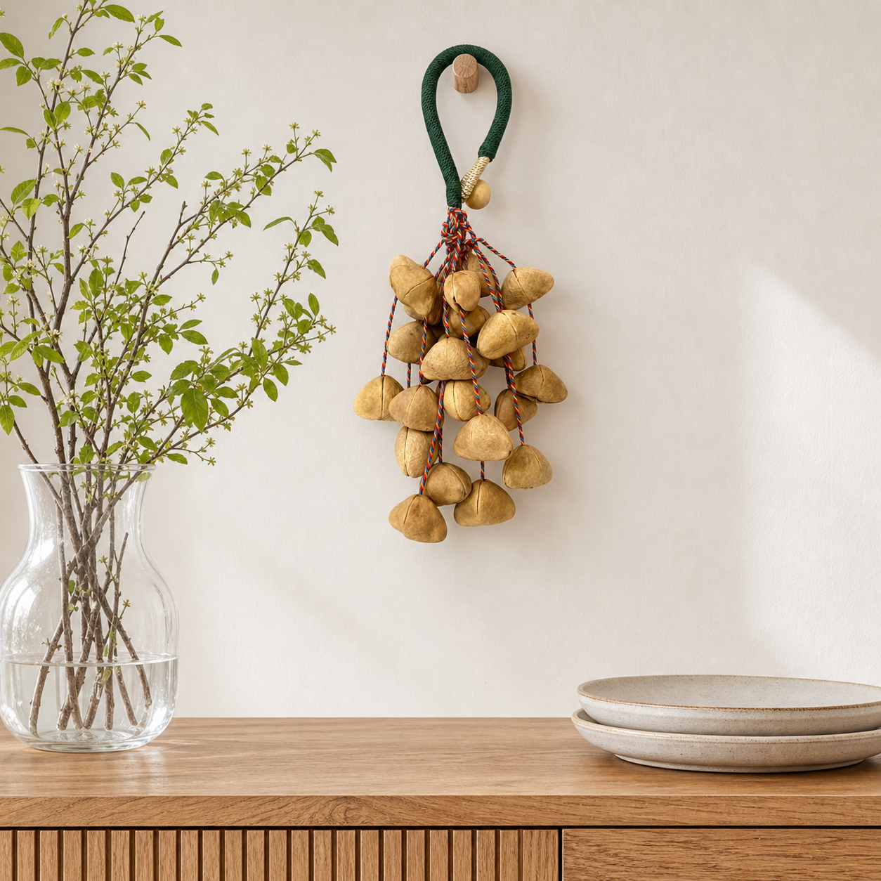YUNOVA Golden Botanical Shell wind chime styled on a dining sideboard