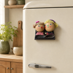 YUNOVA gourd doll duo magnet displayed on a cream refrigerator in a warm kitchen