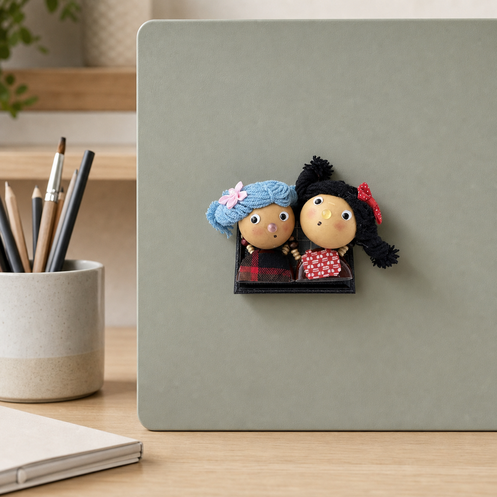 Sky and onyx YUNOVA gourd doll duo magnet on a sage magnetic memo board