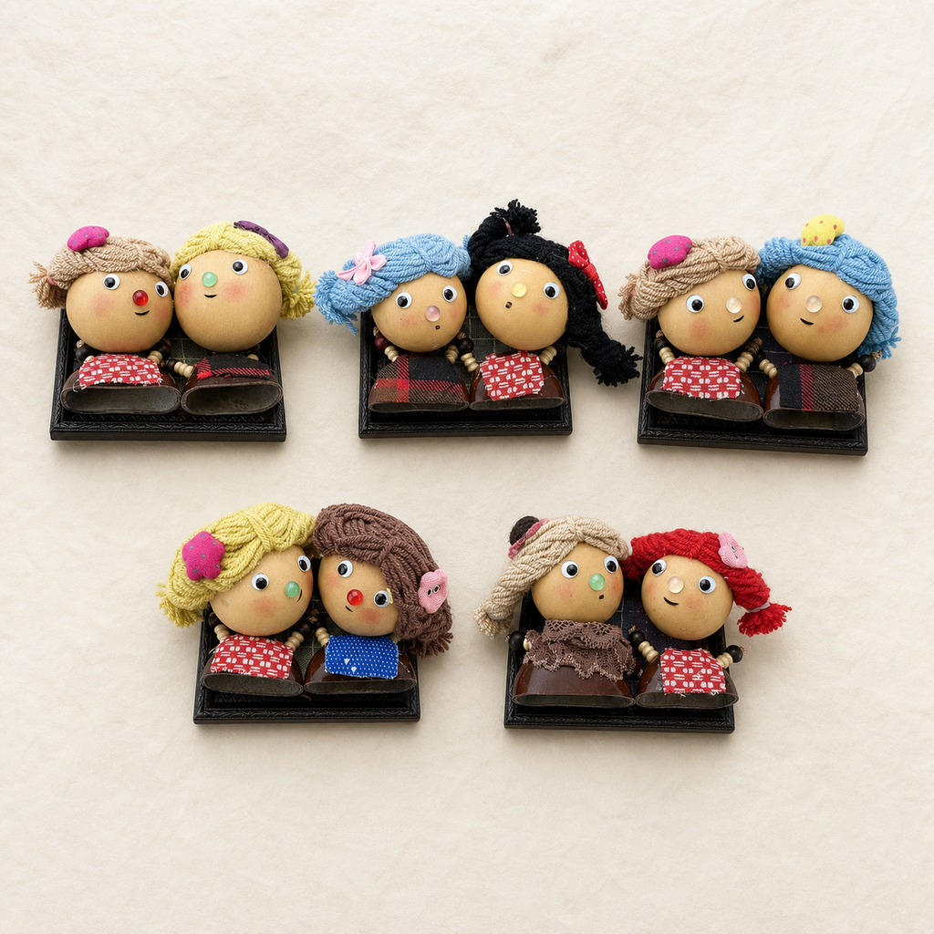 Examples of possible YUNOVA framed gourd doll duo magnet styles; one random style per order
