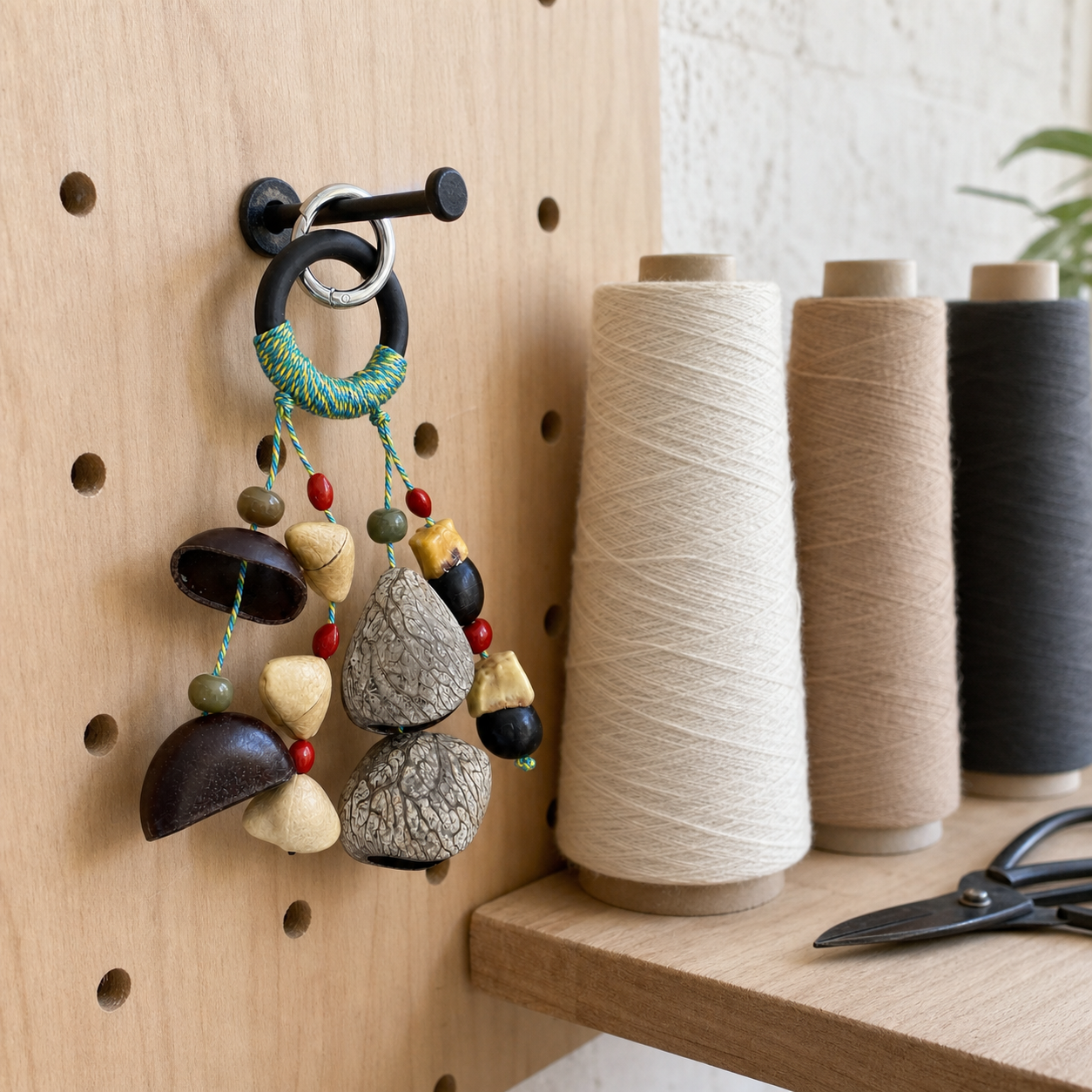 YUNOVA Mixed Botanical Shell Wind Chime A hanging on a creative studio pegboard