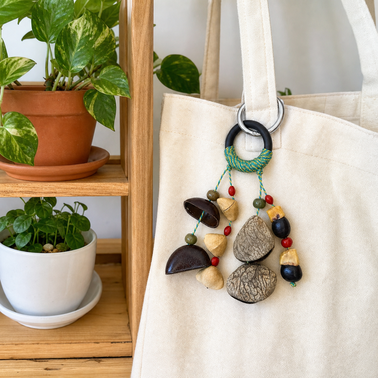 YUNOVA Mixed Botanical Shell Wind Chime A styled with a canvas tote and plant shelf