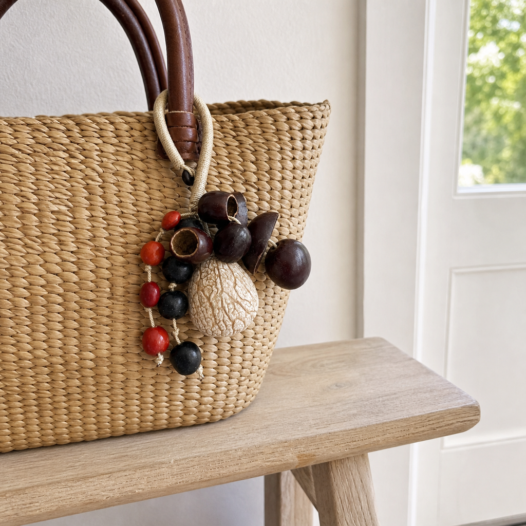 YUNOVA Mixed Botanical Shell Wind Chime B styled on a woven market basket