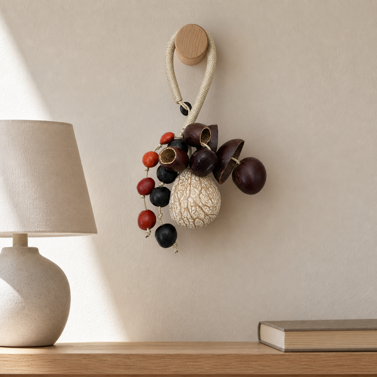 YUNOVA Mixed Botanical Shell Wind Chime B hanging on a reading nook wall hook