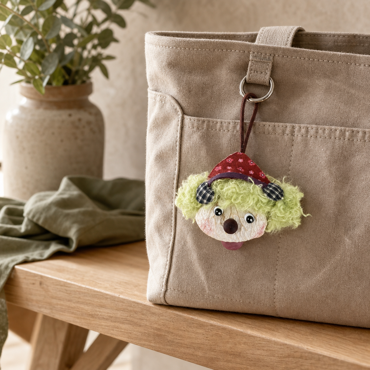 YUNOVA pod doll charm attached to an oatmeal canvas tote bag