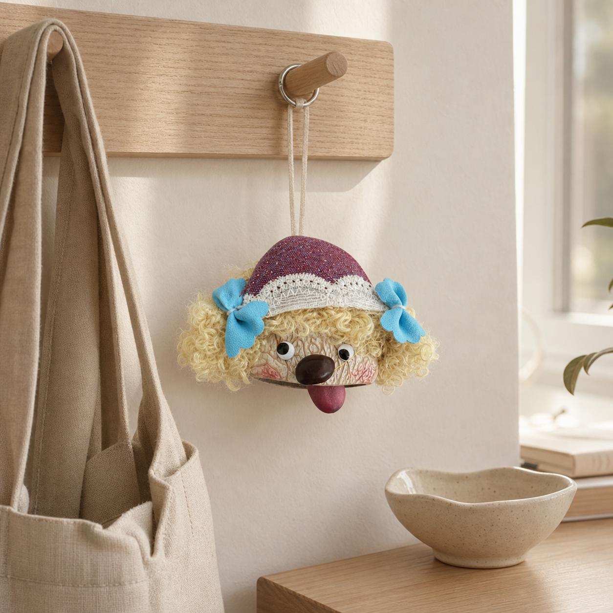 YUNOVA pod doll charm hanging from an oak entryway peg
