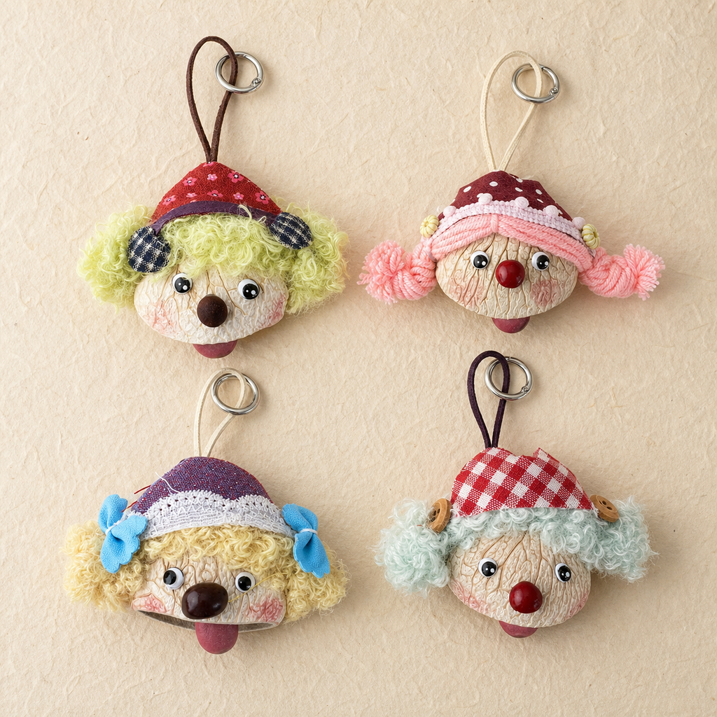 Examples of possible YUNOVA natural pod doll bag charm styles; one random style per order