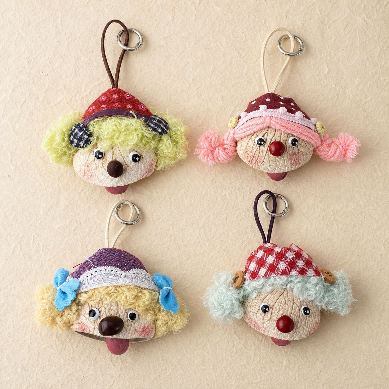Examples of possible YUNOVA natural pod doll bag charm styles; one random style per order