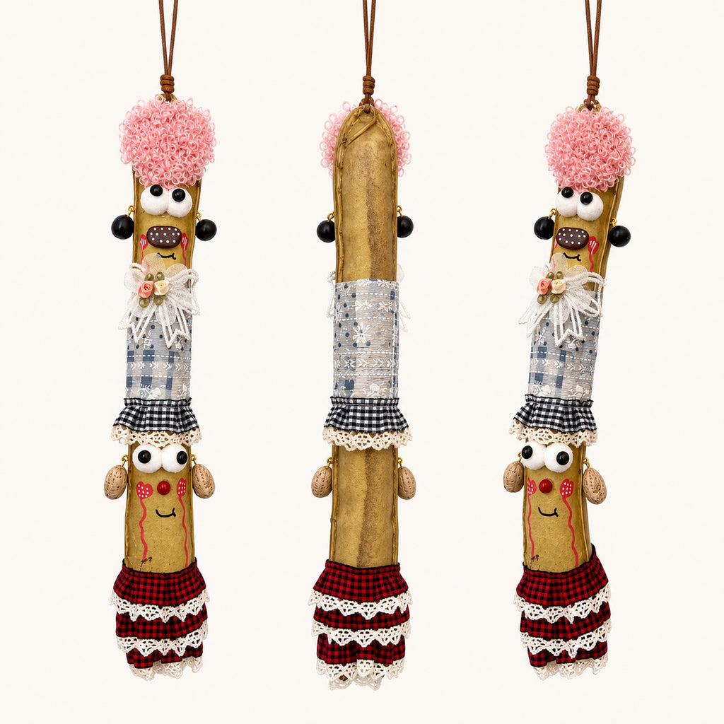 Three-angle product view of YUNOVA Sword Bean Pod Doll handmade hanging ornament
