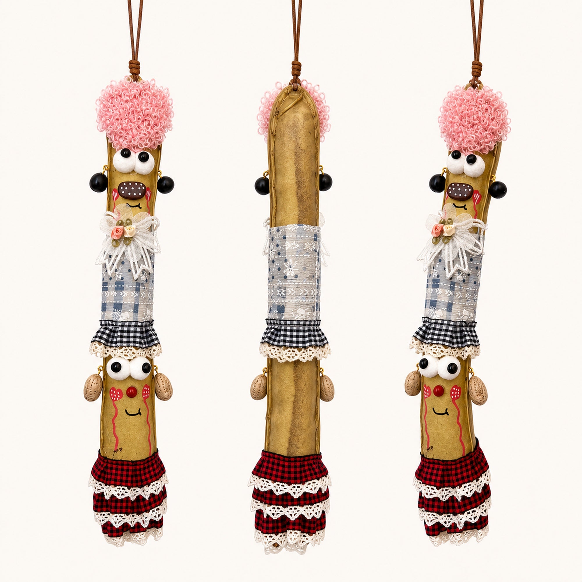 Three-angle product view of YUNOVA Sword Bean Pod Doll handmade hanging ornament