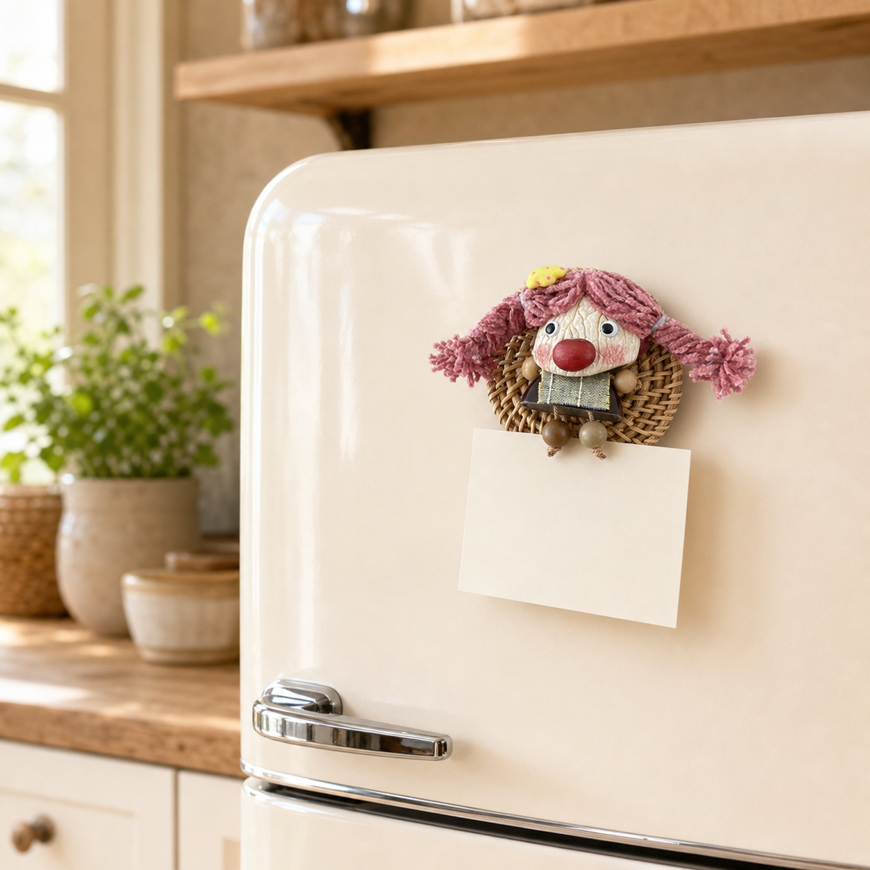 YUNOVA woven pod doll magnet holding a blank note on a cream refrigerator