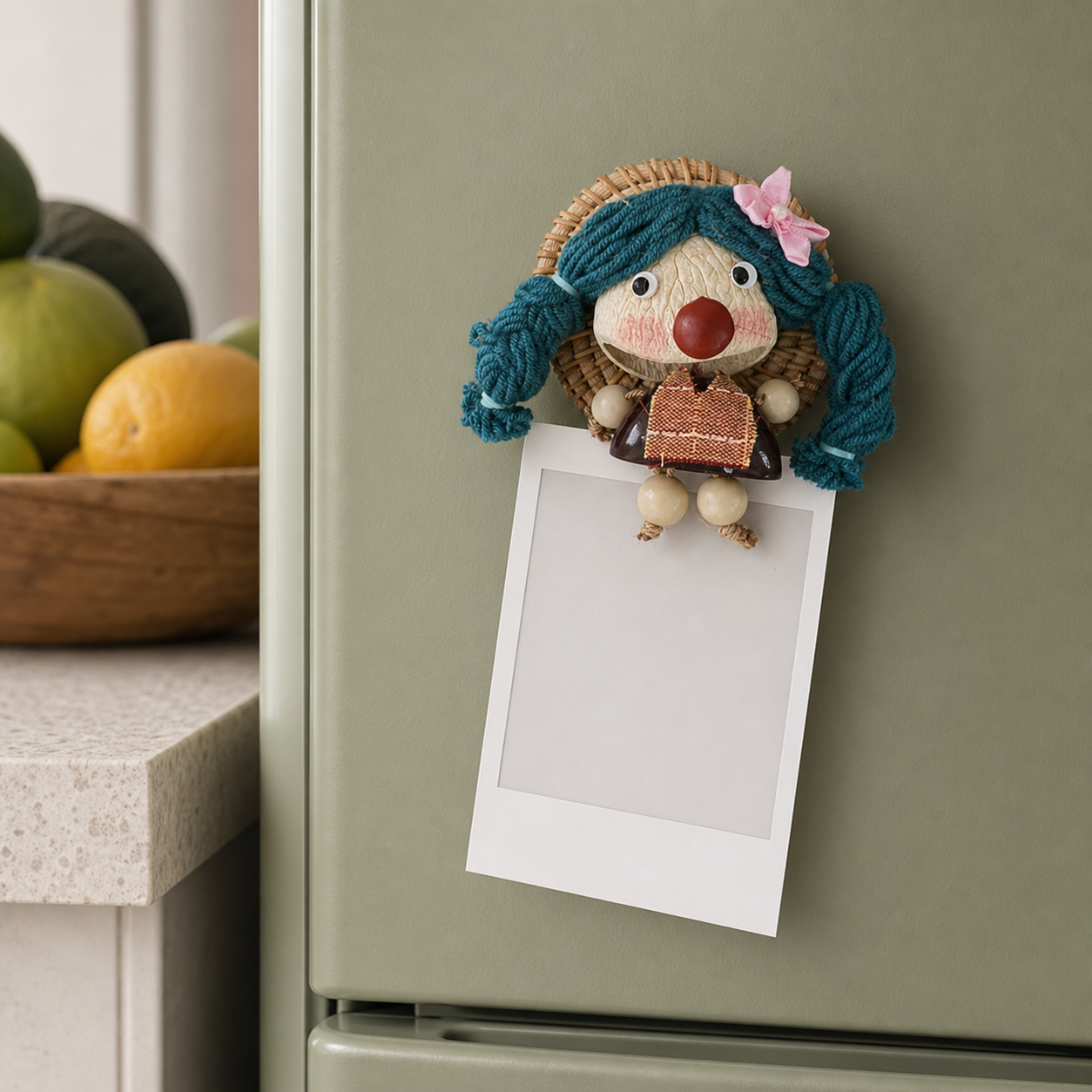 YUNOVA pod doll magnet displaying a photo on a sage refrigerator