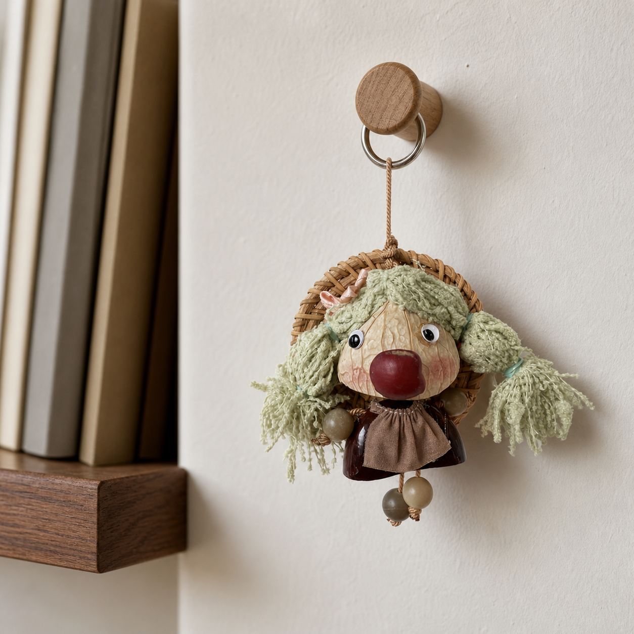 YUNOVA pod doll magnetic charm hanging from an oak peg in a reading nook