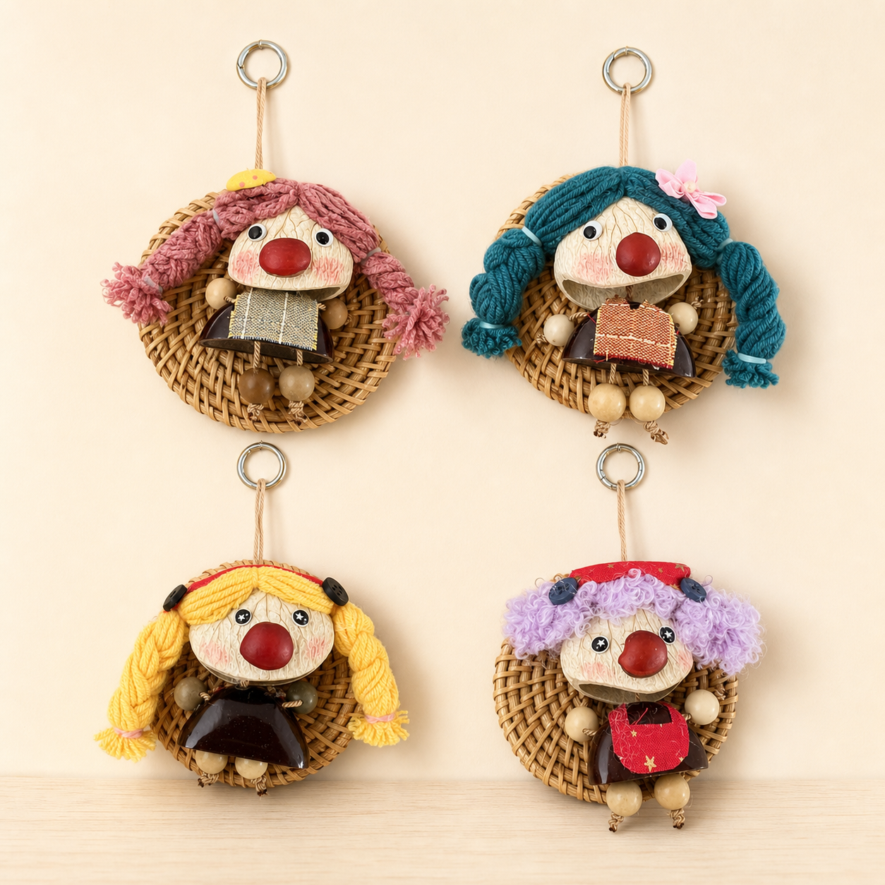 Examples of possible YUNOVA woven pod doll magnetic charm styles; one random style per order