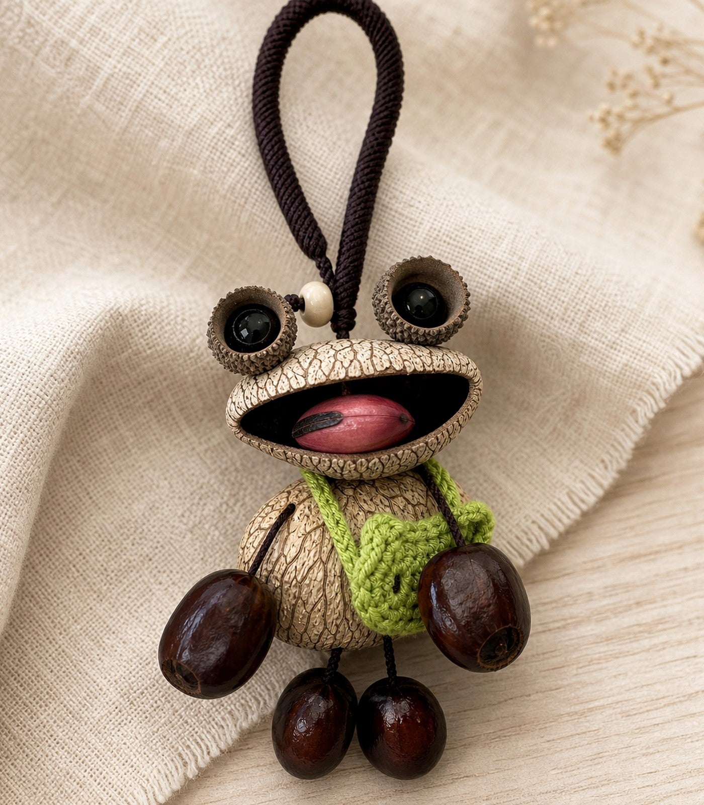 Detalle de producto con textura natural de cáscara, cordón, semilla y material textil