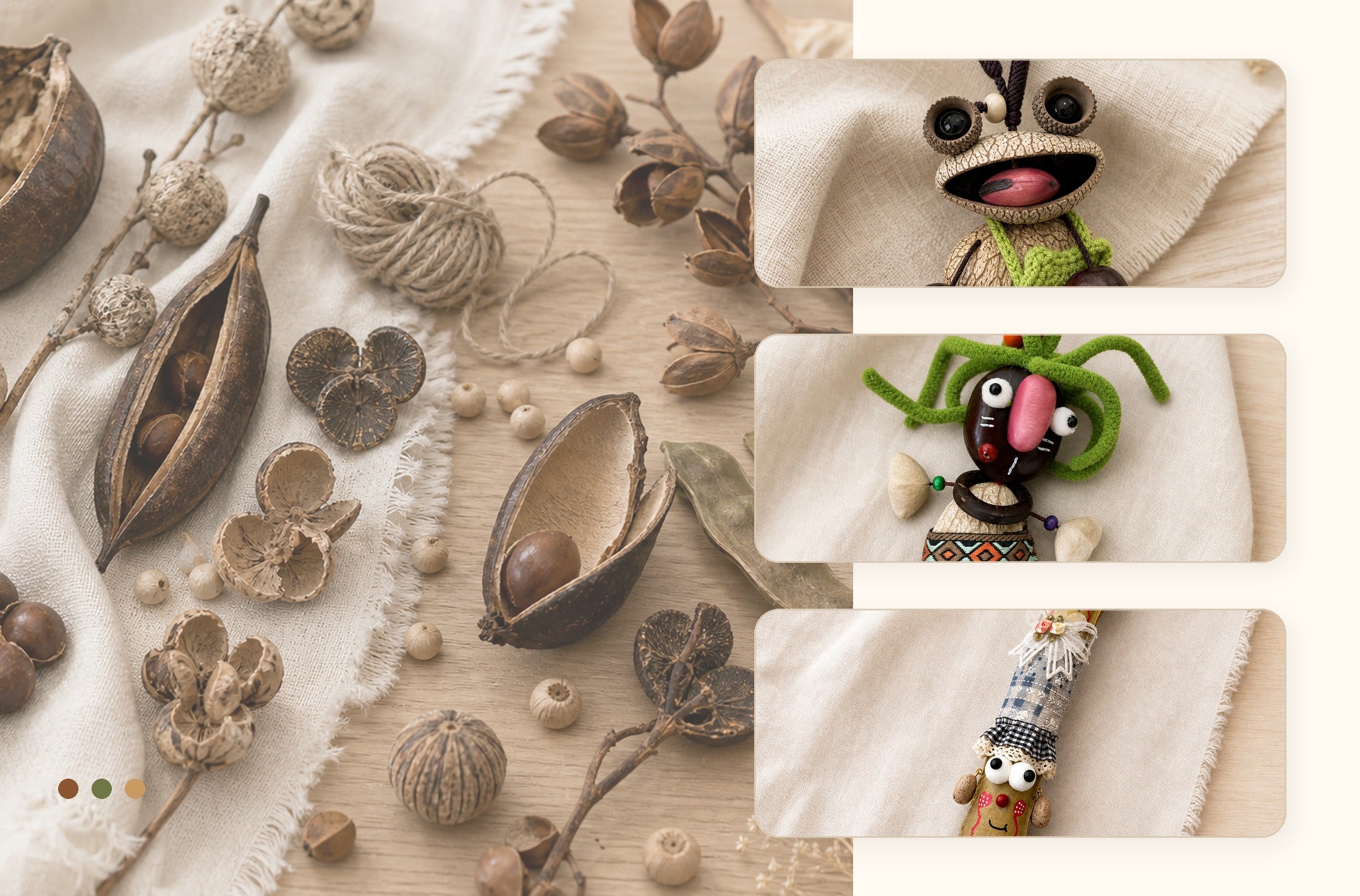 Vainas, cáscaras, cordón artesanal e imágenes de detalle de productos YUNOVA en un collage de historia de marca
