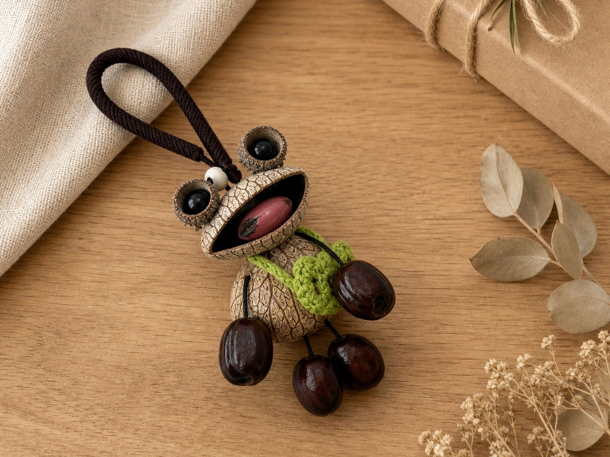 Charm YUNOVA terminado presentado en una mesa de regalo con empaque kraft y tela natural
