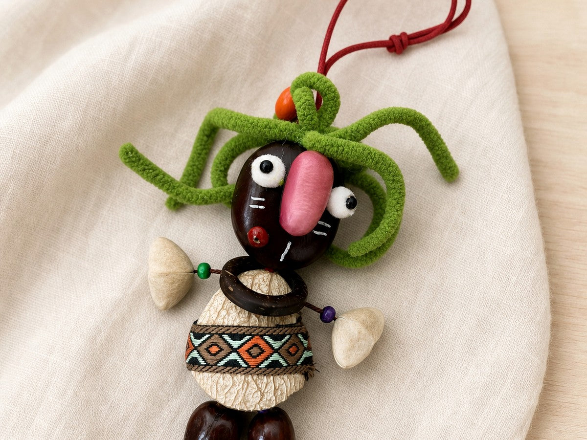 Detalle de materiales de muñeca de vaina oscura sobre lino natural, con componentes hechos a mano y textura